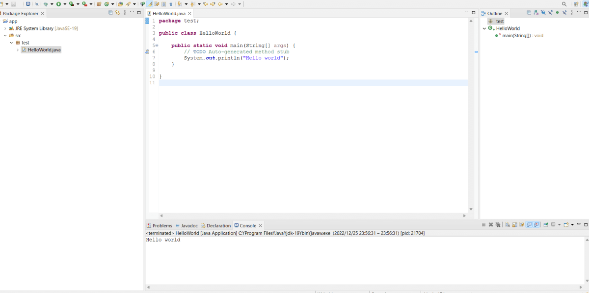 EclipseでJavaを用いてHello worldと出力する