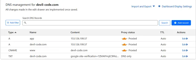 Cloudflareコントロールパネル DNSの設定